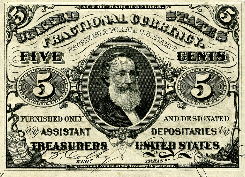 WakeUp2Politics's tweet photo. TIL that the reason there is a law against putting living people on currency is that a guy named Spencer Clark, who was superintendent of currency at the time, decided in 1866 to just put himself on a new 5-cent bill without telling anyone and Congress was so upset they banned it forever