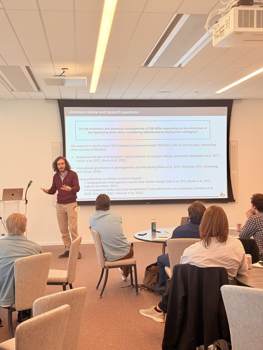 MFRProgram's tweet photo. Wrapping up day 2 of our workshop is Pietro Andreoni (Politecnico di Milano and EIEE) presenting on “Multi-Latitude Stratospheric Aerosol Injection Across Governance Regimes” #EconTwitter #ClimatePolicy #ClimateEngineering https://t.co/rqy0bqmQ3I