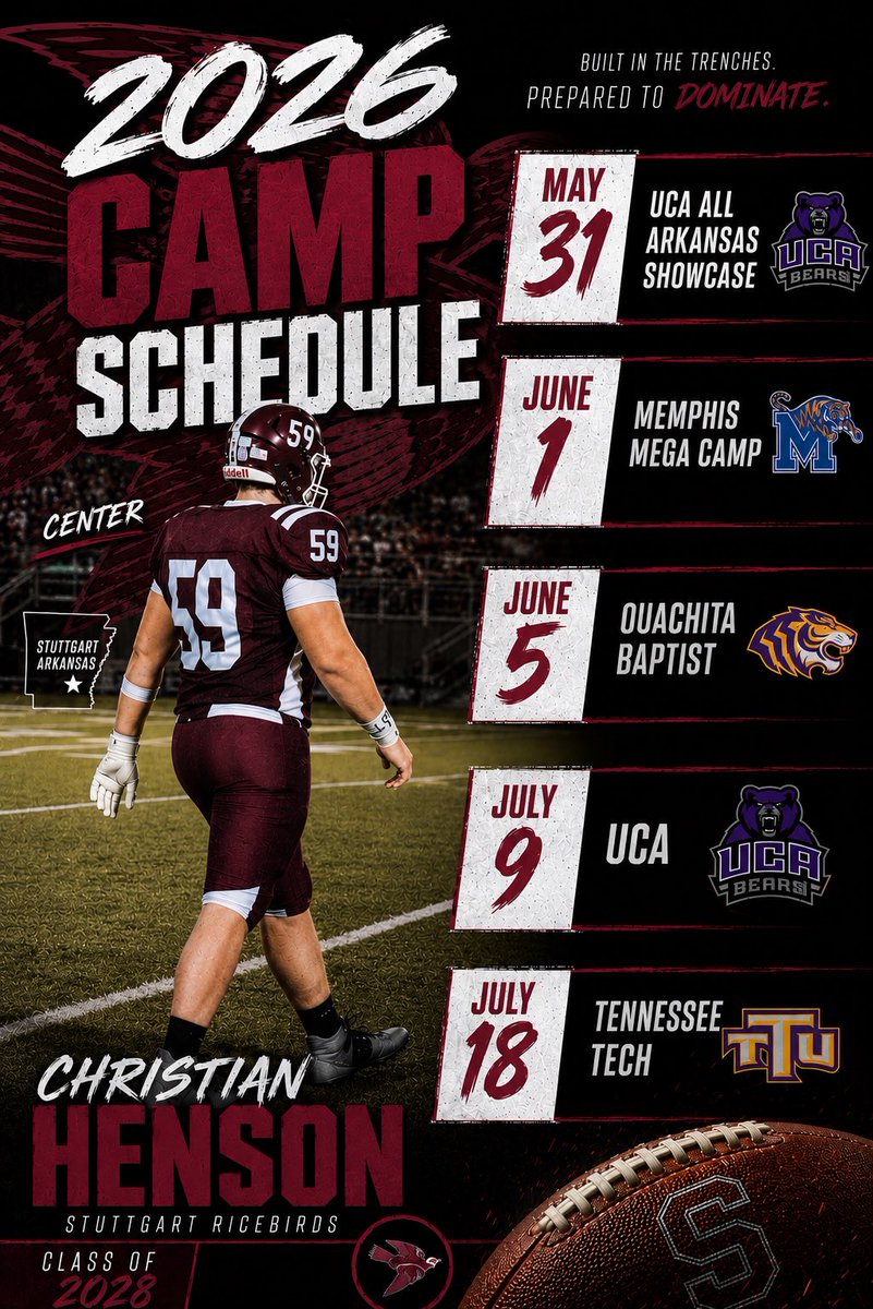CHenson_FB's tweet photo. My 2026 Camp Schedule
@CoachWilder353 @TD_HARM @BallcoachjA @RyleeCheek @coltonedwardsFB @CoachSamPittman @CoachBPetrino @CoachMateos @CoachHuff @CoachDeckUofM @CoachAKwon 
@coachbryen @derbytd @CoachShockEHSFB @SHSRicebirdFB @PrepRedzoneAR @ARPrepSports @Dawson_Moser8 https://t.co/m5GBaNkyY2