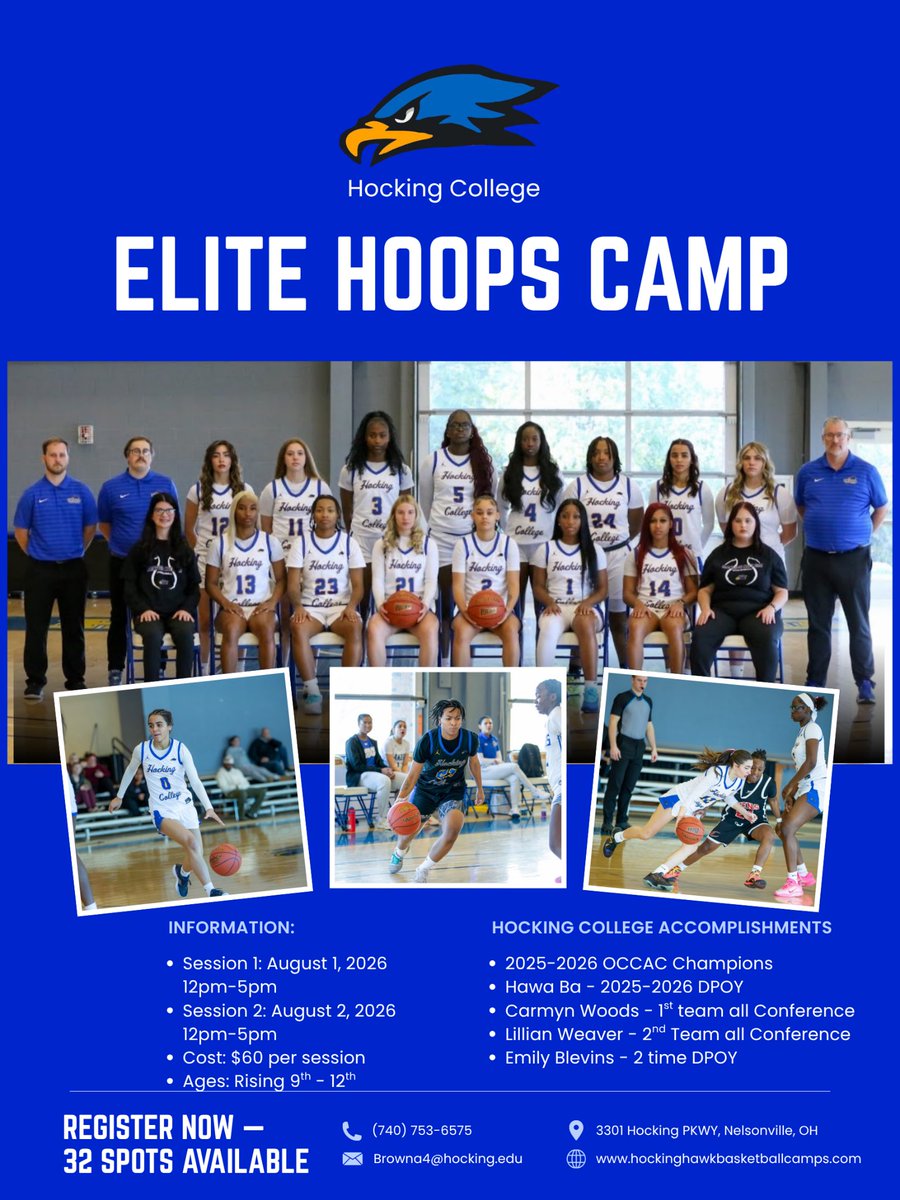 HockinghawksWBB's tweet photo. Camp season is here. This year we will be having a youth camp and a high school elite camp. Register now while there are still open slots. 
#youthbasketball #highschoolbasketball #elitecamp #OCCACCHAMPS https://t.co/LvekV4Y5KO