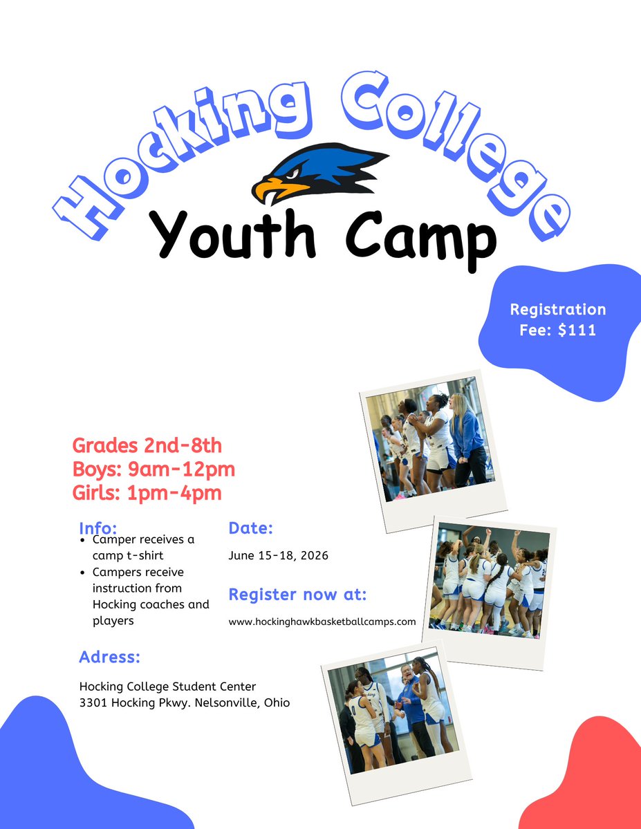HockinghawksWBB's tweet photo. Camp season is here. This year we will be having a youth camp and a high school elite camp. Register now while there are still open slots. 
#youthbasketball #highschoolbasketball #elitecamp #OCCACCHAMPS https://t.co/LvekV4Y5KO
