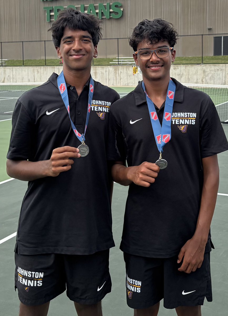 JohnstonCSD's tweet photo. For the first time in school history, members of the Johnston boys tennis 🎾 team reached the finals at the state championships. Congrats to Srihari Kumaresan and Aadil Patel on their runner-up finish at State Doubles!🥈 https://t.co/ZYvU1xnXud