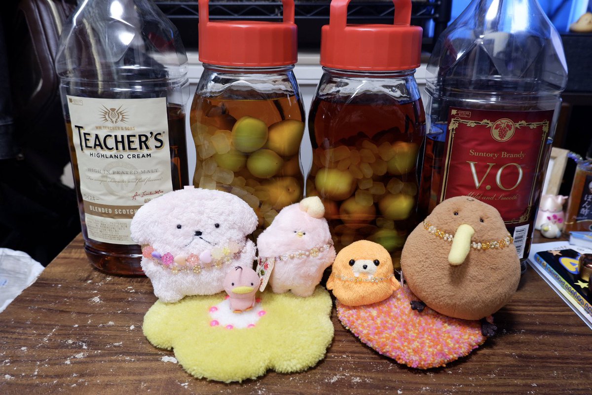 8___gt's tweet photo. 気がついたら4年ものとなっていた前回の梅酒を飲み切りつつ、久しぶりに梅酒を仕込んだよ🥃withくだものネームのみなさん🥝🍑おいしくできるといいね〜🤤 https://t.co/lYSvgNNdLN