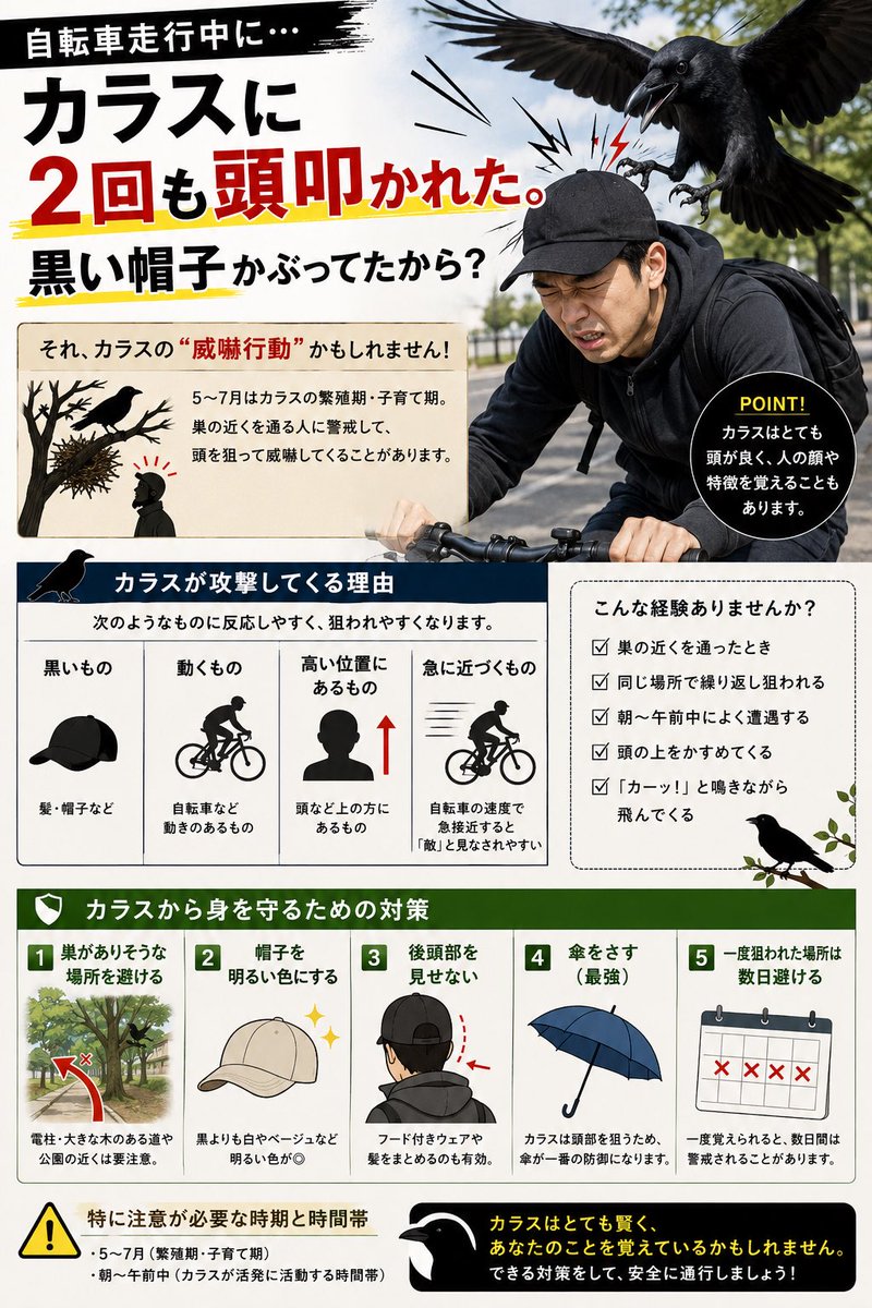 kitazawa331's tweet photo. 後ろからバタバタ翼の音がしたと思ったら、
カラスに蹴られてふらついて転倒…。
しかも、もう一回蹴られて思わず悲鳴🙀

なんて日だ。。。。

どうやら繁殖期のカラスの
“威嚇モード”にロックオンされたみたいです🐦‍⬛⚠️

皆さんも、
黒い帽子や黒い服、
自転車走行中はお気をつけください。 https://t.co/VyatpKyO0R