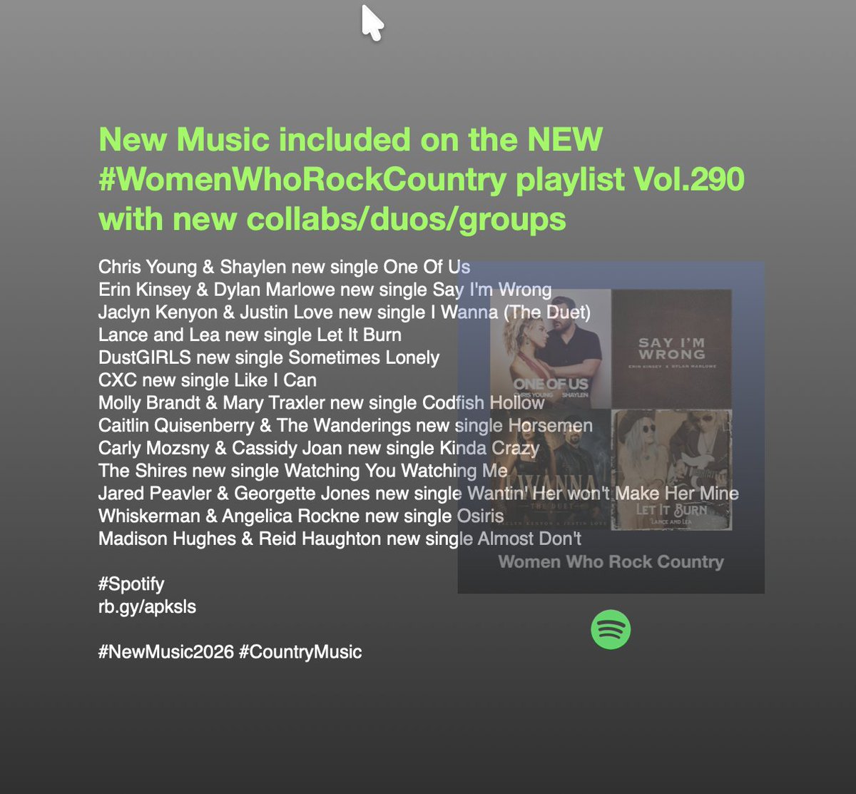ScottKash88's tweet photo. New Music included on the NEW #WomenWhoRockCountry playlist Vol.290 with new collabs/duos/groups 
#TheWanderingsDuo/@CaitlinQuis/#RyanNeely
@theshiresuk
#JaredPeavler/@georgette_jones
@whiskerman/@angelicarockne

#Spotify
https://t.co/6rahp7x10N

#NewMusic2026 #CountryMusic https://t.co/U3X2SuDLbP
