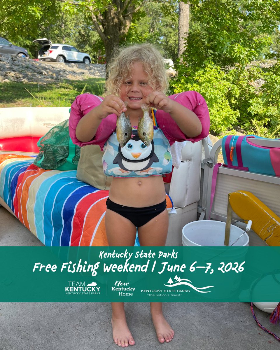KYStateParks's tweet photo. The fish are waiting! 🎣 Free Fishing Weekend is June 6–7 across all Kentucky waterways. No fishing license required for anyone during these dates. Head to #KyStateParks &amp; make it a weekend to remember. Loaner gear available https://t.co/XL9OBa9NF4.

📸: Jane Roberts 
 #newkyhome https://t.co/6ocvmLgTn3