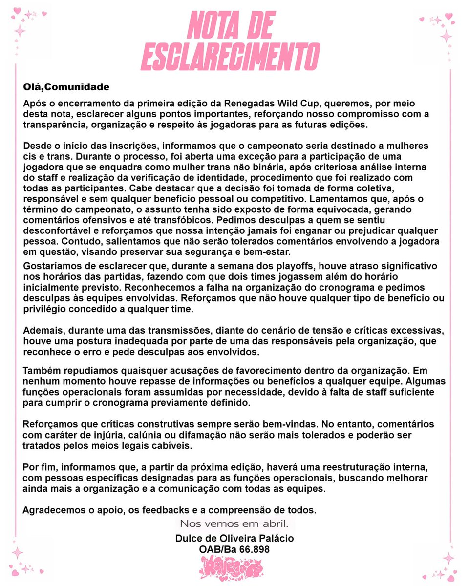 transparencyes0's tweet photo. No entanto, posteriormente surgiram polêmicas e discussões dentro da comunidade envolvendo suspeitas sobre a participação de homens no campeonato.  

Após a repercussão do assunto, foi publicada uma nota oficial afirmando que havia, sim, pessoas não binárias participando do evento.