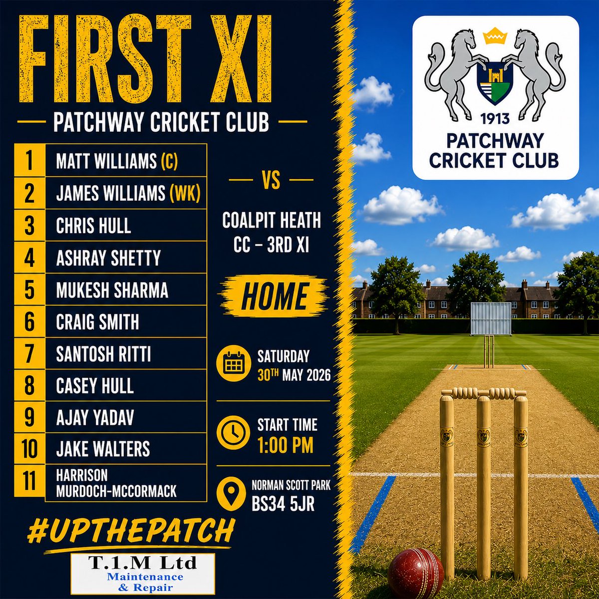 PatchwayCC's tweet photo. The 1st XI are at home this weekend as they take on Coalpit Heath CC 3rd XI, while the 2nd XI travel once again to face Tamil Nadu Bristol CC 2nd XI.

Good luck to everyone representing Patchway CC this weekend. 💙💛

#UPTHEPATCH https://t.co/xqVyhX1N2I