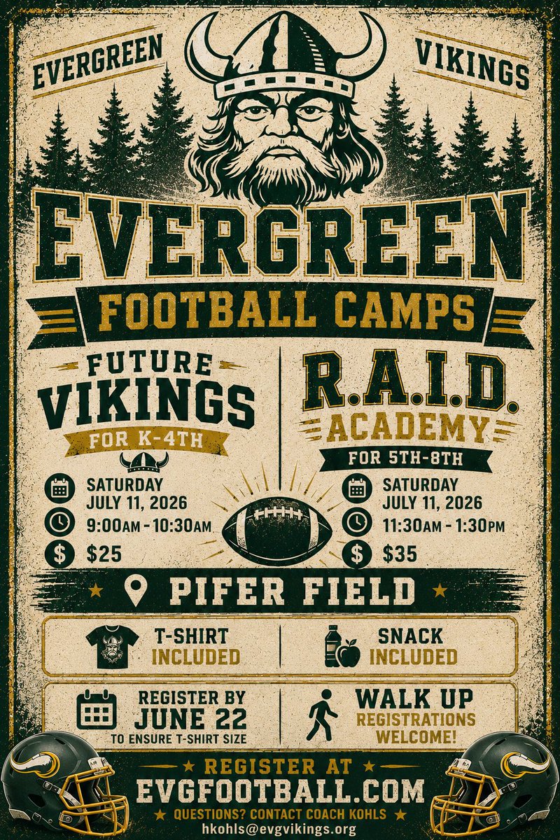 EVG_Football's tweet photo. Come join the Evergreen Vikings High School Football Team for a day of football this summer! Registration and more information can be found at 

https://t.co/XzZHn1bm4L

#RAID #Finish #VikingAge26 https://t.co/aOBYAk2wsH