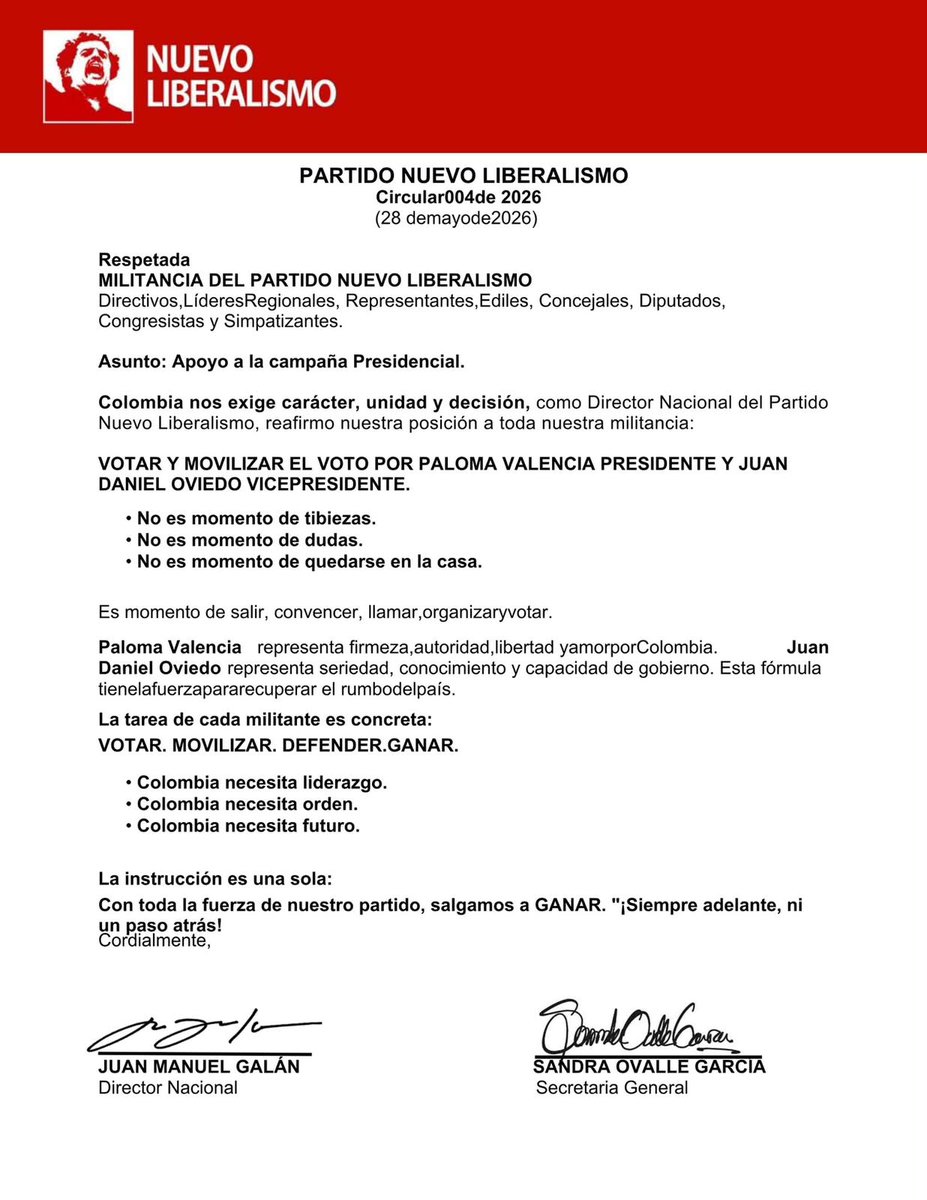 UltimaHoraCR's tweet photo. #ElGranReto2026 | El Nuevo Liberalismo (@NvLiberalismo) le envió una circular a su militancia pidiéndole movilizar los votos para Paloma Valencia y Juan Daniel Oviedo. 

“No es momento de tibiezas”, dijo el partido.

Vía: @Kamilacorreae

https://t.co/R0kxQZ2KMp https://t.co/LAsBEFYghF