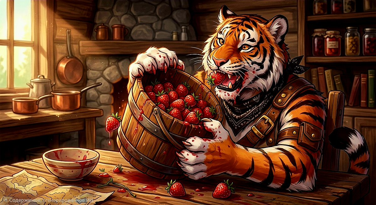 KongoTiger's tweet photo. "I only said you could try it... Why did you eat it all?" is the worst phrase you can hear when the bucket is already empty. 😂🍓

​#FurryArt #Anthropomorphic #aiart #digitalart #furrytiger #furryfox https://t.co/b0a5bbstTF