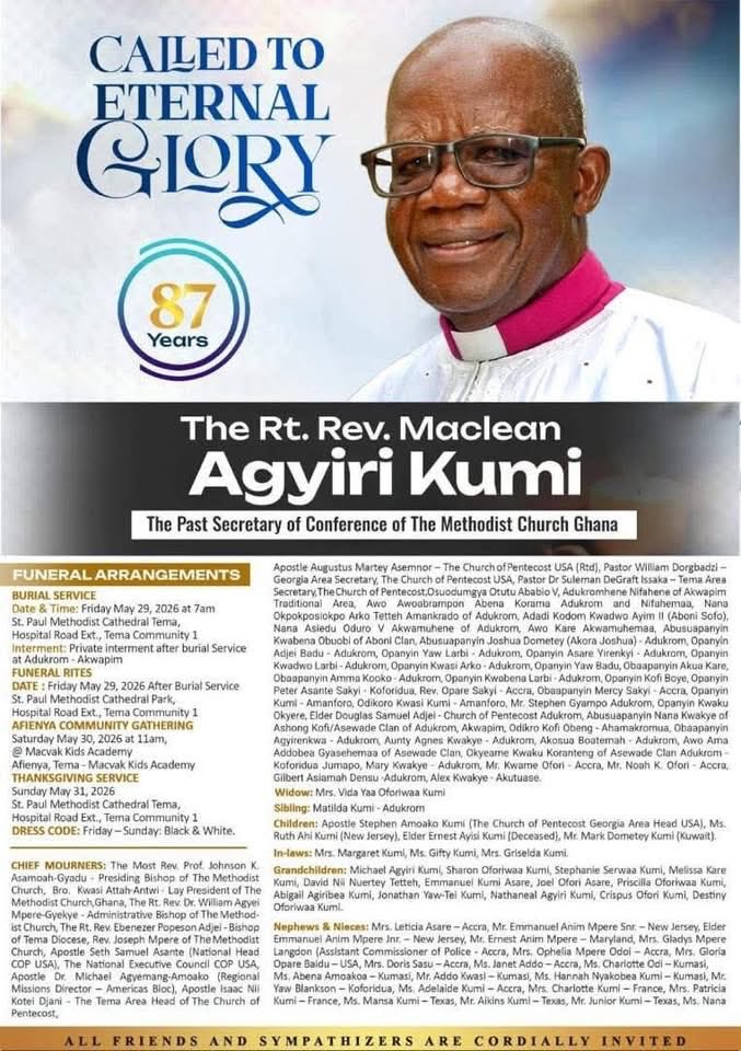MethodistChGh's tweet photo. Join us tomorrow the 29th May, 2026 at the St. Paul Methodist Cathedral, Tema for the funeral service at 7am .

#TEMADIOCESE
#TheMethodistChurchGhana https://t.co/sbuBhYir8r