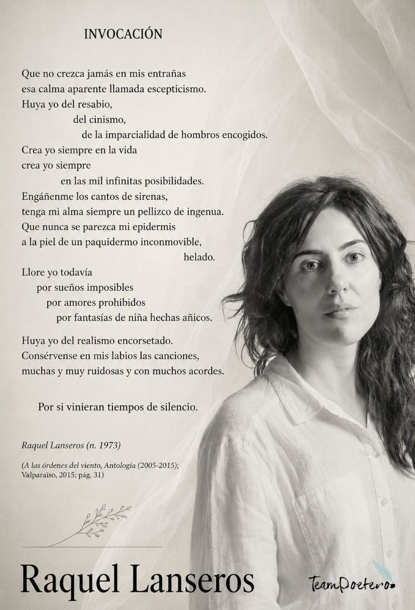 TeamPoetero's tweet photo. "Consérvense en mis labios las canciones,
muchas y muy ruidosas y con muchos acordes.

         Por si vinieran tiempos de silencio."

Raquel Lanseros
(España, 1973) https://t.co/wbQnEvbTzC