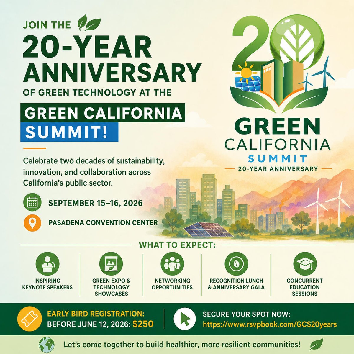 grn_tech's tweet photo. 📷 Celebrate 20 years of sustainability at the Green California Summit!
📷 Sept 15–16, 2026
📷 Pasadena Convention Center
📷 Early Bird (Before June 12, 2026: $250 )
Networking • Expo • Keynotes • Gala • Sessions
Register now 📷 https://t.co/PhICjRnV2i
#GreenCalifornia https://t.co/5s7mNR9UtO