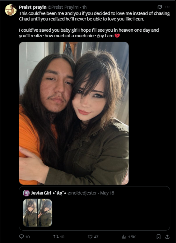 ApexImperialist's tweet photo. A classic case of narcissim. Jester Girl dies in a tragic suicide, and this person fantasizes about two things:

(1) Making it about himself.

(2) Using an AI to add himself into her image.

(3) Whine about "Chad", the attractive man whom he claims cannot understand love.

The funniest thing is that narcissists are incapable of proper devoted love. Their attachment to people is by nature conditional, transactional, and short-lived.

These people are as ugly on the inside as they are on the outside; that's why women reject them.