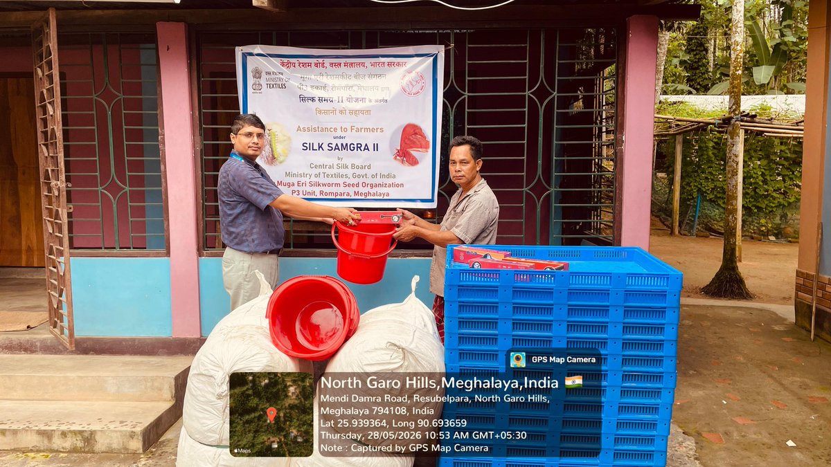 MssoSilk's tweet photo. On 28.05.2026, under the Silk Samagra II Scheme, essential silkworm rearing inputs were distributed to ASRs of Miapara village under P3 Unit, Rompara. Scientists from P3 Rompara and P4 Mendipathar advised the beneficiaries to undertake forthcoming muga rearing strictly as per SoP https://t.co/Ru4m4Xf3qc