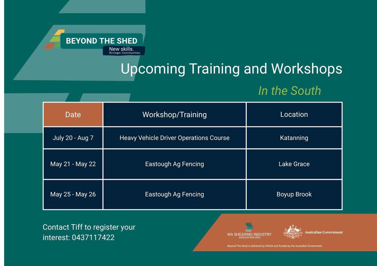 BeyondShed's tweet photo. Here are a few upcoming training opportunities for shearing contractors and their crews. 
If you’d like to chat about training options near you, courses you might be interested in, or need a hand signing up for something, reach out to our Training Coordinator on 0437117422 https://t.co/1HxvDVgi7x