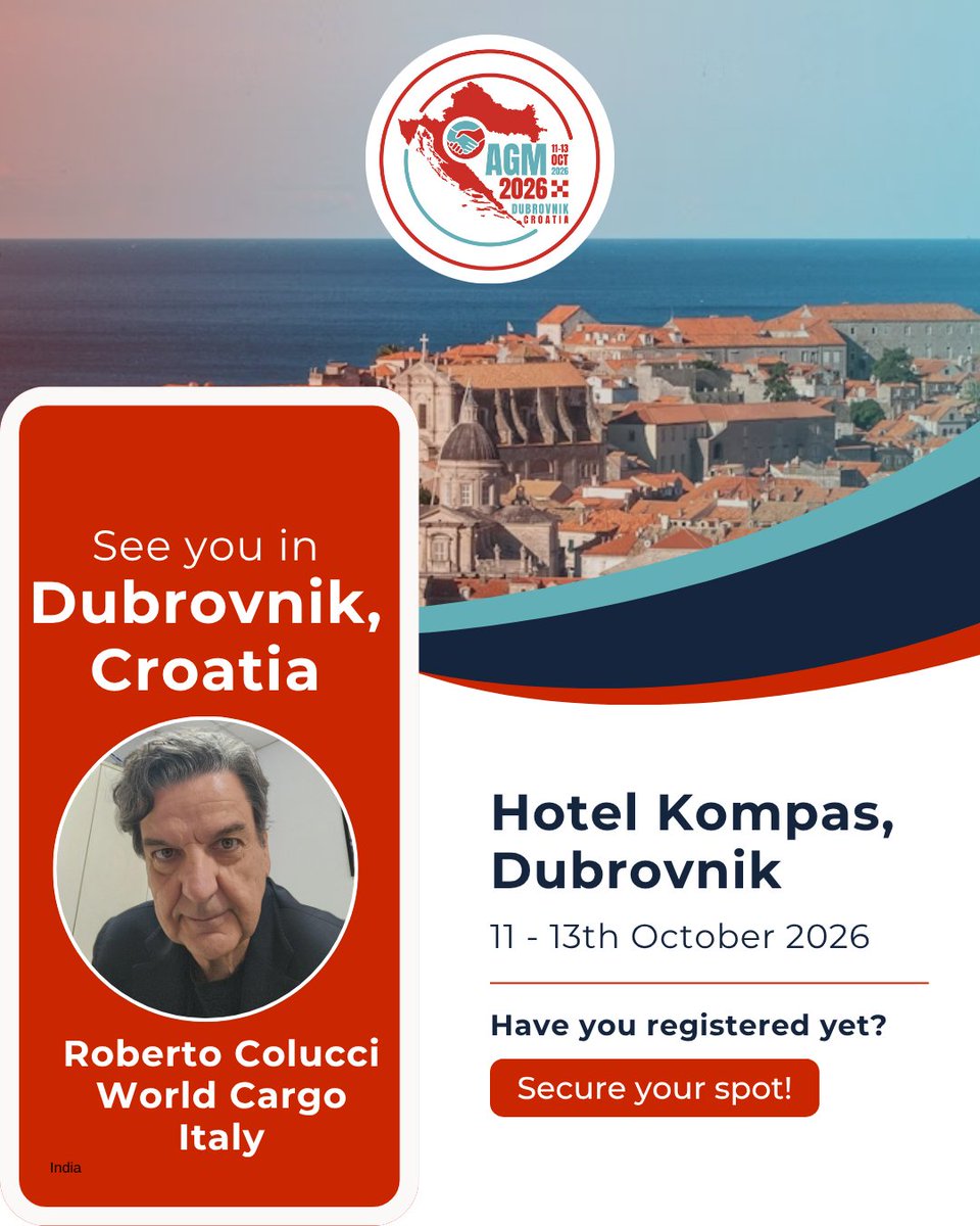 GFG_Freight's tweet photo. 🇭🇷 Welcoming World Cargo Italy and Roberto Colucci to GFG AGM 2026 in Dubrovnik! Excited for networking and insights. #GFG2026 #Dubrovnik2026 #GlobalFreightGroup #Networking #FreightForwarding #Italy #WorldCargoItaly #StrongerConnections #LogisticsNetwork #AGM2026 https://t.co/vfizw0Q4bv