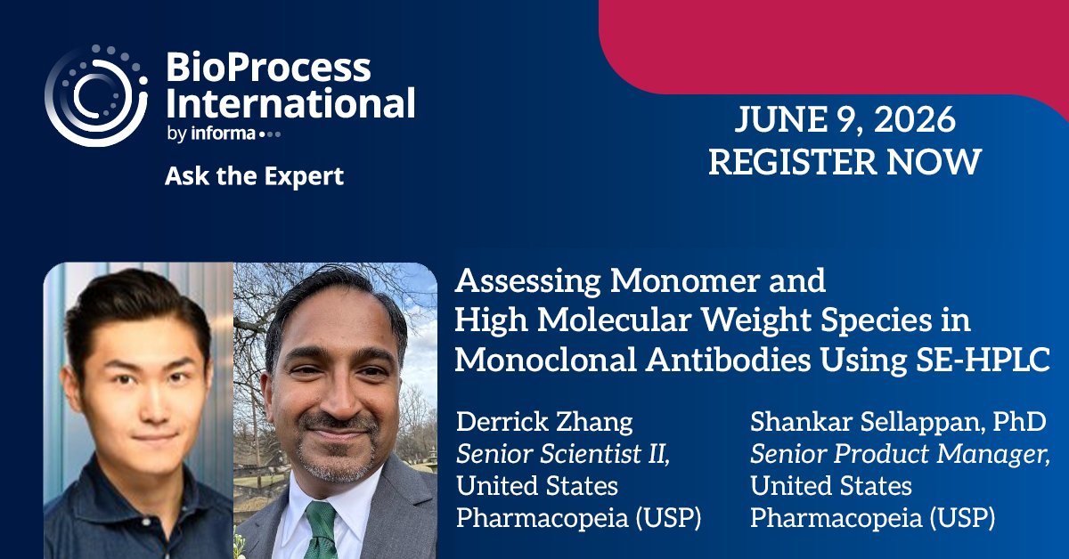 BioProcessIntl's tweet photo. Please join us for a #BPIAskTheExpert on "Assessing Monomer and High Molecular Weight Species in Monoclonal Antibodies Using SE-HPLC."

Date: Tues. June 9 at 11 AM ET.

Feat: Derrick Zhang &amp; Shankar Sellappan, PhD, @USPharmacopeia. 

Register Now:
https://t.co/5WIct3YJPw https://t.co/F4HpaliMZy