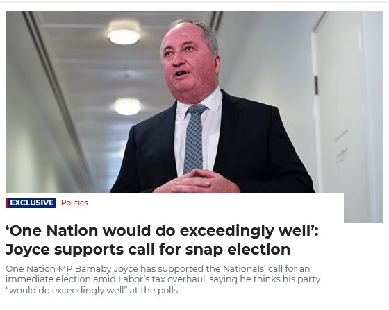TimjboAU's tweet photo. One Nation MP Barnaby Joyce has supported the Nationals’ call for an immediate election amid Labor’s tax overhaul, saying he thinks his party  “would do exceedingly well” at the polls.
https://t.co/rDknriIthu https://t.co/6HigW5nlxZ