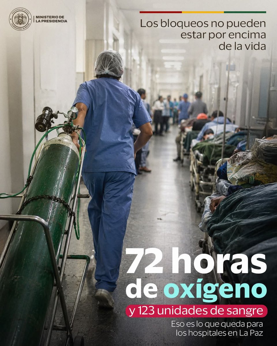 Sepmudbo's tweet photo. El Servicio Departamental de Salud (Sedes) La Paz confirmó que la Sede de Gobierno cuenta con 72 horas de oxígeno y 123 unidades de sangre. El Colegio Médico de Bolivia llamó a que los bloqueadores dejen pasar personal, insumos y vehículos médicos.
#SiempreBolivia https://t.co/A0byn8aA0D