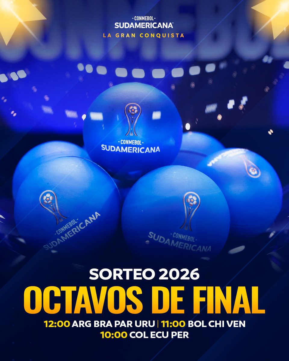 Sudamericana's tweet photo. 🏆🔝 ¡Es hoy! El sorteo de los Octavos de Final de la CONMEBOL #Sudamericana... ¿Te lo vas a perder?

#GloriaEterna https://t.co/VhlO04MvjV