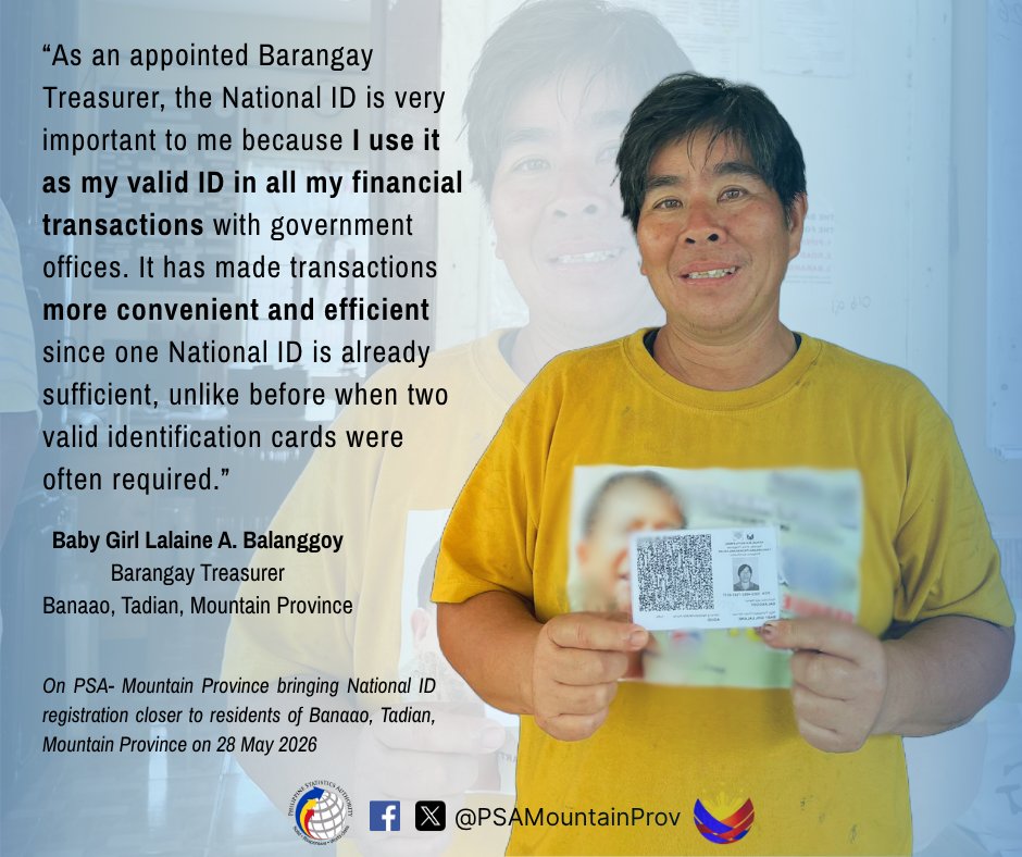 PSAMountainProv's tweet photo. 𝐋𝐎𝐎𝐊| Barangay Treasurer Baby Girl Lalaine Balanggoy of Banaao, Tadian shared how the National ID has become her “financial transaction bestie” from barangay transactions to banking needs, one valid ID really does save the day.  

#NID #nationalidentity https://t.co/CVKByWDI7h