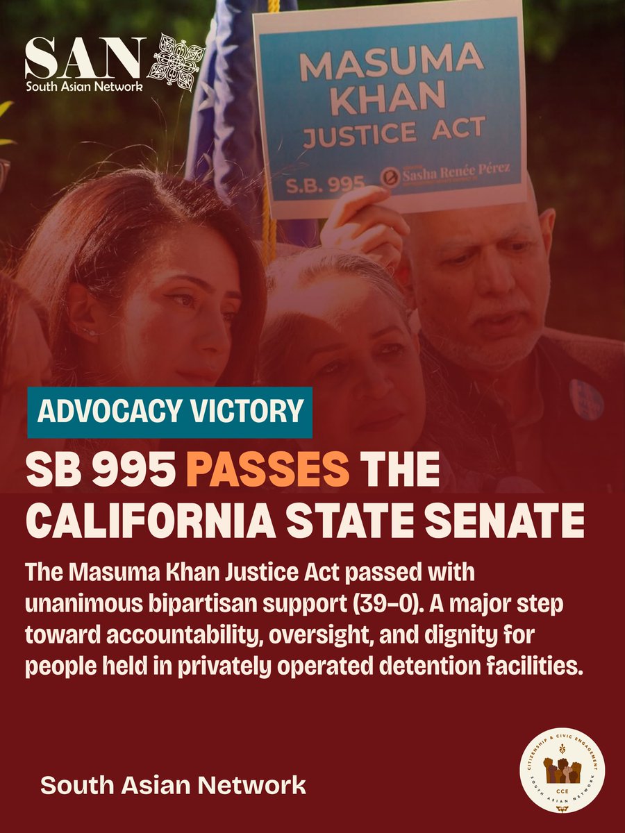 SANSoCal's tweet photo. Today, we celebrate a major milestone: SB 995, the Masuma Khan Justice Act, has passed the California State Senate with unanimous bipartisan support.

Thank you to @SashaReneePerez our coalition partners, @SALDEF, @CHIRLA , @JakaraMovement, @AAPIEquity,  and @PublicCounsel https://t.co/26jl4FCWzf