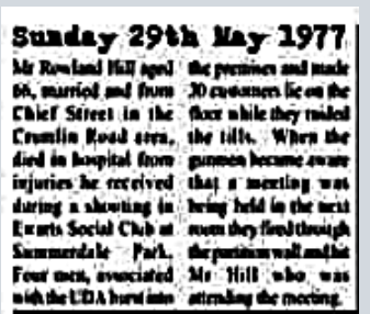 Hannyhas's tweet photo. #Remembered 29/5/1977 Roland Hill, married pensioner. A Protestant from Chief St, N. Belfast, murdered by UDA terrorists during their robbery - fatally shot 6 days earlier in a meeting at Ewart's Social club, Somerdale Park. Mr Hill died #OTD. White x2, Mulgrew &amp;  Potts in court. https://t.co/1luxh36KN9