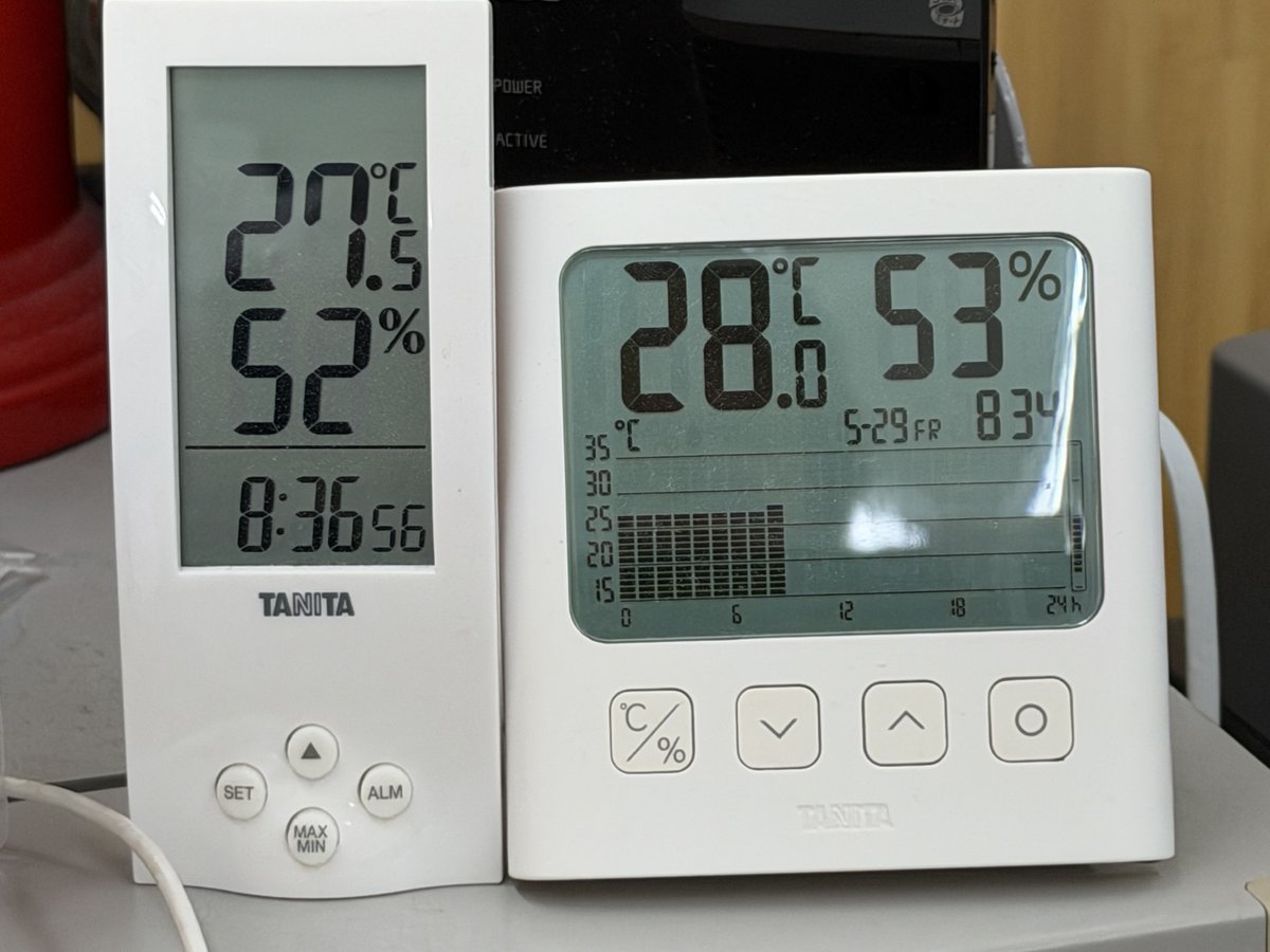 rok's tweet photo. 出勤時の事務所室温がとうとう28℃に。そろそろエアコンのタイマーを設定する時期か。 https://t.co/nscF93TxeF