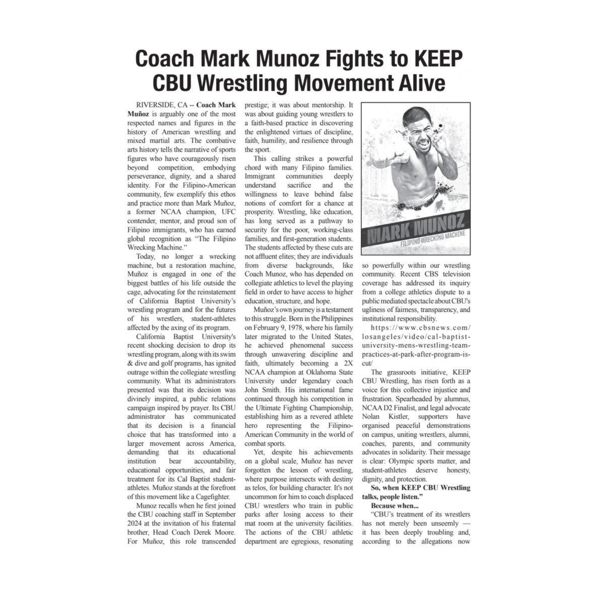 Keepcbuwrestle's tweet photo. When Coach @mark_munoz joined CBU wrestling in 2024, the wrestling world took notice.

Known for his success on the mat, in the cage, and as founder of Reign Wrestling Academy, he brought instant credibility and recruits. His impact helped land a #17 nationally ranked recruiting class for 2027.

But Coach Munoz brought more than wins. He brought mentorship, faith, and a heart for developing young men right here in the Inland Empire.

When CBU discontinued the program, they didn't just cut a team. They cut off an entire community's access to a world class coach and leader in their
own backyard. #KeepCBUWrestling