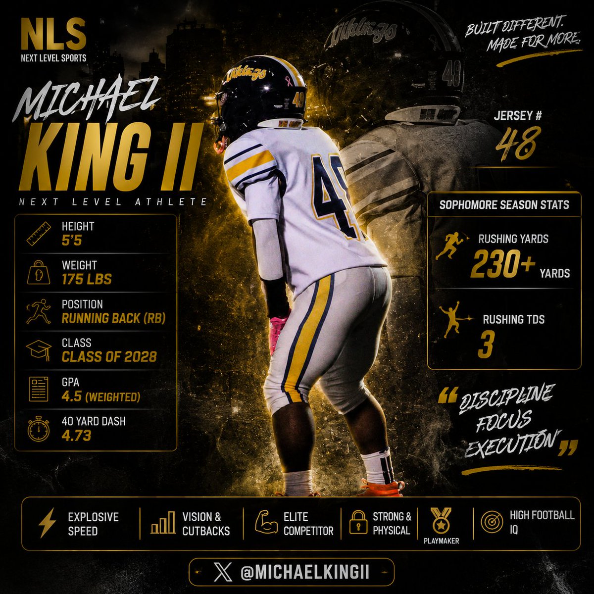 nlevelsports's tweet photo. 🚨 Coach Alert 🏈
Michael King II | Class of 2028 | RB 5’5” | 175 lbs | 4.73 40
Explosive, physical, and highly competitive back with elite vision and cutback ability. Posted 230+ rushing yards and 3 TDs as a sophomore while carrying a 4.5 weighted GPA.
High football IQ and plays with great discipline and focus.
Coaches — this 2028 RB is worth a look.
X: @DeuceKing1105 
DM me to connect.
#FootballRecruiting #ClassOf2028 #RunningBack #RBRecruiting #CollegeFootball