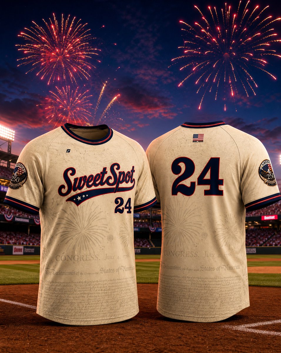 playsweetspot's tweet photo. 250 years of America, all on one jersey.  We packed in the fireworks, the Declaration, and a whole lot of love for this game. Available now for $17.76 — a nod to the year it all began. https://t.co/iDb8nWzC2k
#PlaySweetSpot https://t.co/Ytq9k5F0W4