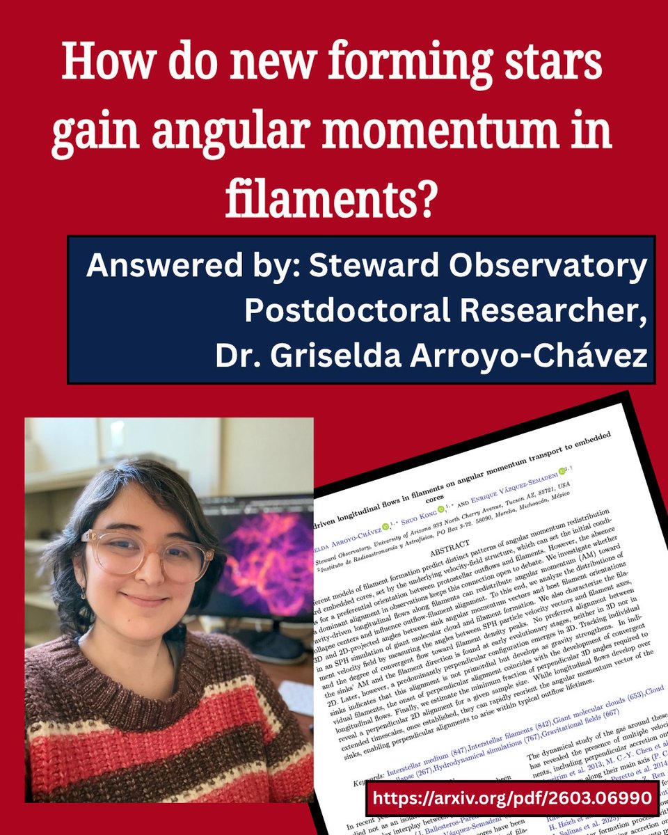 StewardAstro's tweet photo. Check out this new paper by Steward Observatory postdoctoral researcher, Dr. Griselda Arroyo-Chávez! She developed models to measure angular momentum is conserved in star forming regions. Check out her full paper: https://t.co/v5IpLlUXc4 https://t.co/1oureA1qtu