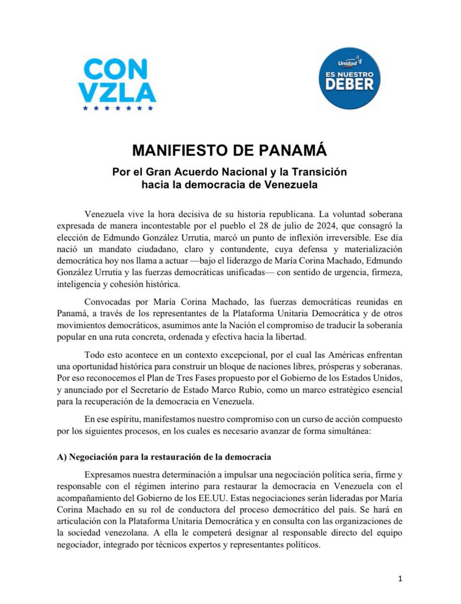 voceriavzla's tweet photo. 🇻🇪🇵🇦 | MANIFIESTO DE PANAMÁ 

Firmado por la Plataforma Unitaria Democrática (@unidadvenezuela), María Corina Machado (@MariaCorinaYA) y Edmundo González Urrutia (@EdmundoGU). https://t.co/mNfbn1Lmre