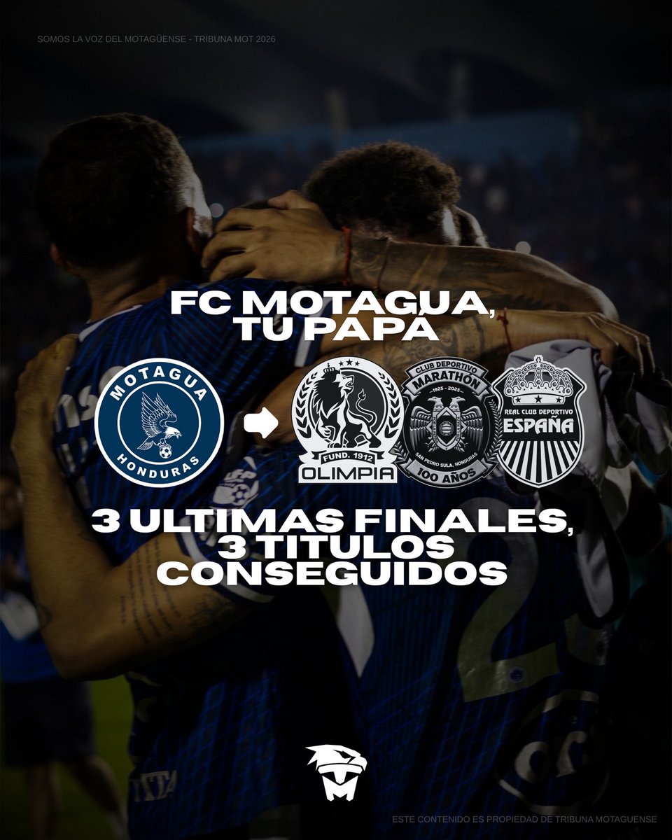 tribumotaguense's tweet photo. Motagua es tu papá. 🐕🦎🐷

¿Sabías que los últimos tres títulos conseguidos por Motagua fueron ante los otros equipos grandes del país?

En 2022, Motagua derrotó a Real España en San Pedro Sula y se coronó con la Copa 18 tras un marcador global de 3-2. Posteriormente, levantó la Copa 19 frente a Olimpia con un global de 2-1. Y la última víctima fue Marathón, equipo que nos debía una desde hace muchos años. En este 2026 logramos conquistar la Copa 20 en penales y cobrarnos aquella final perdida en el Yankel Rosenthal.

Poco a poco, Motagua vuelve a imponer respeto en las instancias finales. 👊🏼🦅🔵