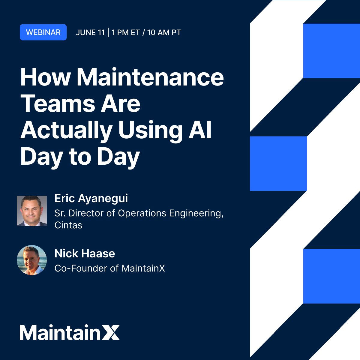 maintainx's tweet photo. Most maintenance teams have tested AI. Very few use it every day.

On June 11, Eric Ayanegui, Sr. Director of Operations Engineering at @CintasCorp, joins us to break down what AI adoption actually looks like across hundreds of industrial sites.

No hype. Just what’s working.

🗓 June 11 | 1 PM EST

https://t.co/doO4tzcx1g