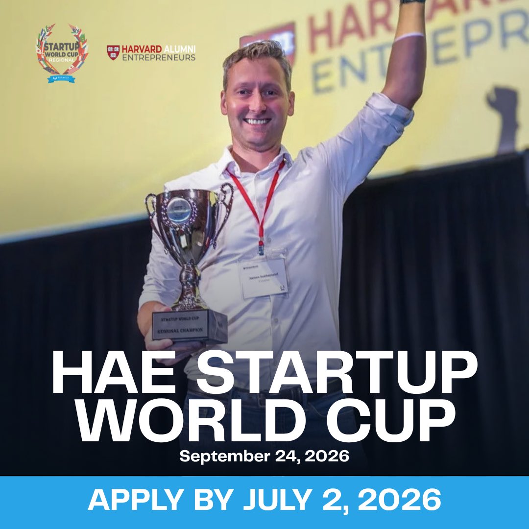 AlumniStartups's tweet photo. Applications are open for the 2026 HAE Startup World Cup Regional.

This is where your path to $1M begins. 
Harvard alumni, apply now to pitch on stage in Boston, Sept. 24. winner moves on to the Grand Finale in San Francisco.

Apply by July 2. Info session June 4. Links below. https://t.co/gH90fNZXEu