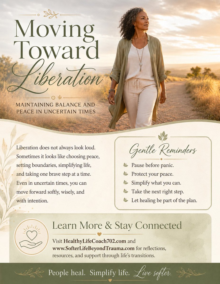 MsRoniD's tweet photo. In uncertain times, liberation does not always look loud. Sometimes it looks like choosing peace, setting boundaries &amp; simplifying life.

You can move forward softly, wisely, and with intentionhttps://www.healthylifecoach702.com/2026/05/moving-toward-liberation-balance-peace.html https://t.co/Q48ECHTqBW