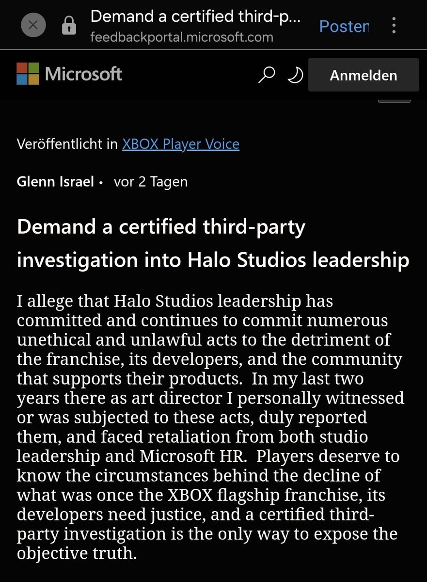 Knoebelbroet's tweet photo. Former Halo Studios art director Glenn Israel created a post on the Xbox feedback portal and demands a third party investigation into Halo Studios leadership. 

https://t.co/BkP8lH2Tyz https://t.co/8ygYnIJqov