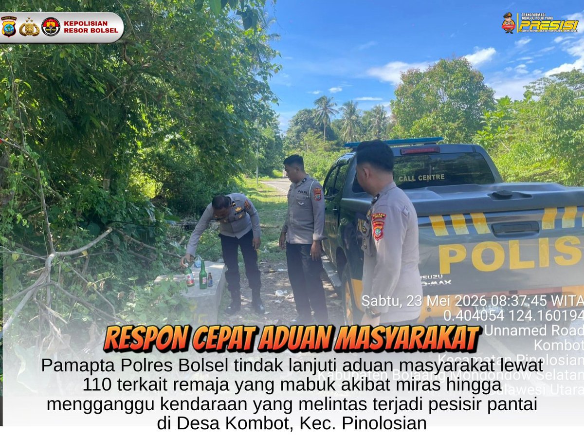 HBolsel's tweet photo. Pamapta Polres Bolsel tindak lanjuti aduan masyarakat lewat 110 terkait remaja yang mabuk akibat miras hingga mengganggu kendaraan yang melintas terjadi pesisir pantai
di Desa Kombot, Kec. Pinolosian https://t.co/AoVKGcM0ub