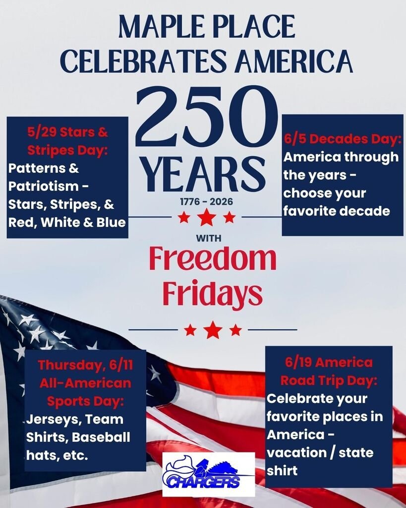 MaplePlaceMS's tweet photo. Tomorrow is the first of four weeks of "Freedom Fridays" celebrating the 250th anniversary of our country and in support of Monmouth 250!  Tomorrow we celebrates Stars &amp; Stripes - Patterns &amp; Patriotism!  Wear your stars, stripes, polka-dots in red, white, and blue! https://t.co/oTxnH0LlP1
