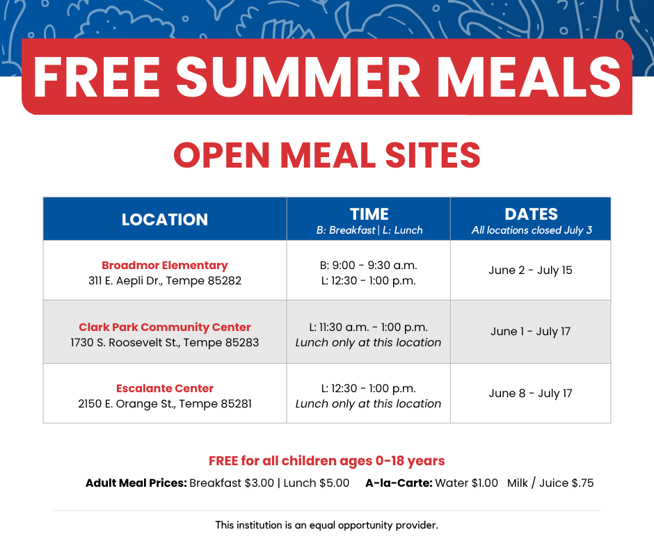 TempeElementary's tweet photo. We are excited to offer nutritious, delicious, and FREE meals to ALL children 18 and under this summer starting June 2! 🍽️ 

Meals will be available at three physical sites and three drop-off locations around the District. 

For more information, visit https://t.co/fVaPf5kiqD. https://t.co/Rp3YDND7Nn