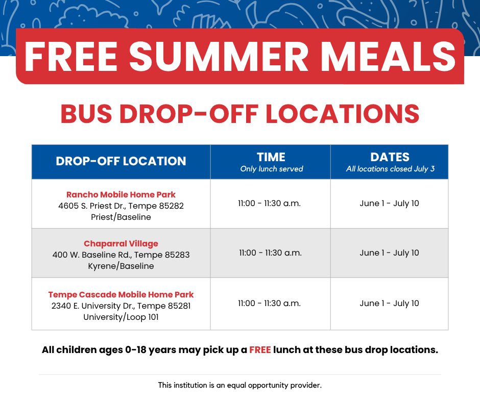 TempeElementary's tweet photo. We are excited to offer nutritious, delicious, and FREE meals to ALL children 18 and under this summer starting June 2! 🍽️ 

Meals will be available at three physical sites and three drop-off locations around the District. 

For more information, visit https://t.co/fVaPf5kiqD. https://t.co/Rp3YDND7Nn