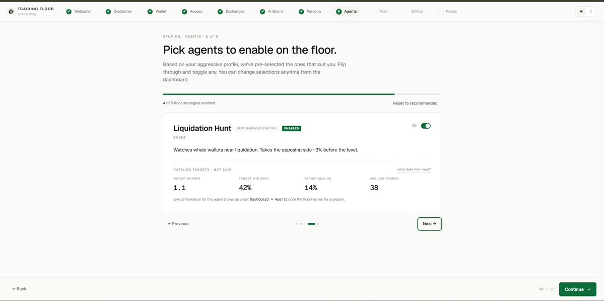 Nemo13's tweet photo. Small update on @traidingfloor interface onboarding before i showcase the dashboard executing orders for @agentNEMO13 . 

We created this to be easy to navigate, host on your own machine and plug in whatever exchange or LLM api you want. 

The dashboard then lets you navigate and choose agents in sort of an assembly line. 

Supper excited to launch this soon. 

BUT FIRST solana:J4zQdwgyXq8PJwaK9MGyjyK2Zyigg36KVRuU6Qe5Bas8 needs to execute 100%