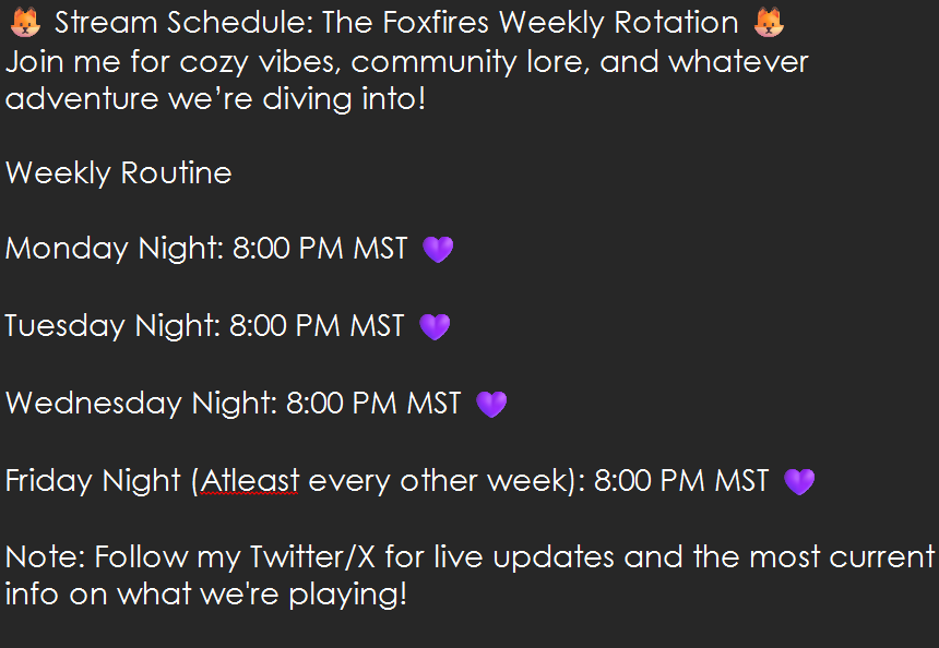 RenaShade's tweet photo. So I've made a regular streaming Schedule. i may stream on random days. but these ones i for sure will stream on! :3 https://t.co/C7jdrr1UXI