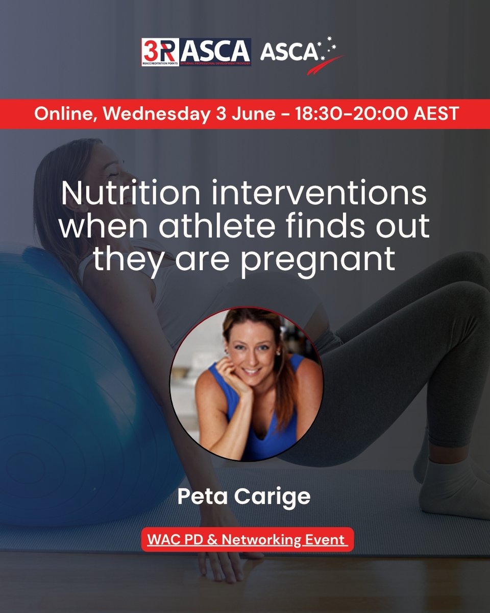 the_ASCA's tweet photo. See how a multidisciplinary team and the athlete collaborate to navigate the complexities of pregnancy and postpartum in high-performance sport.

Secure your ticket via the ASCA website at https://t.co/qNBAB1OyxX

📅Online, Wednesday 3 June 2026 
🕥18:30-20:00 AEST https://t.co/fVQKZeSR0Z