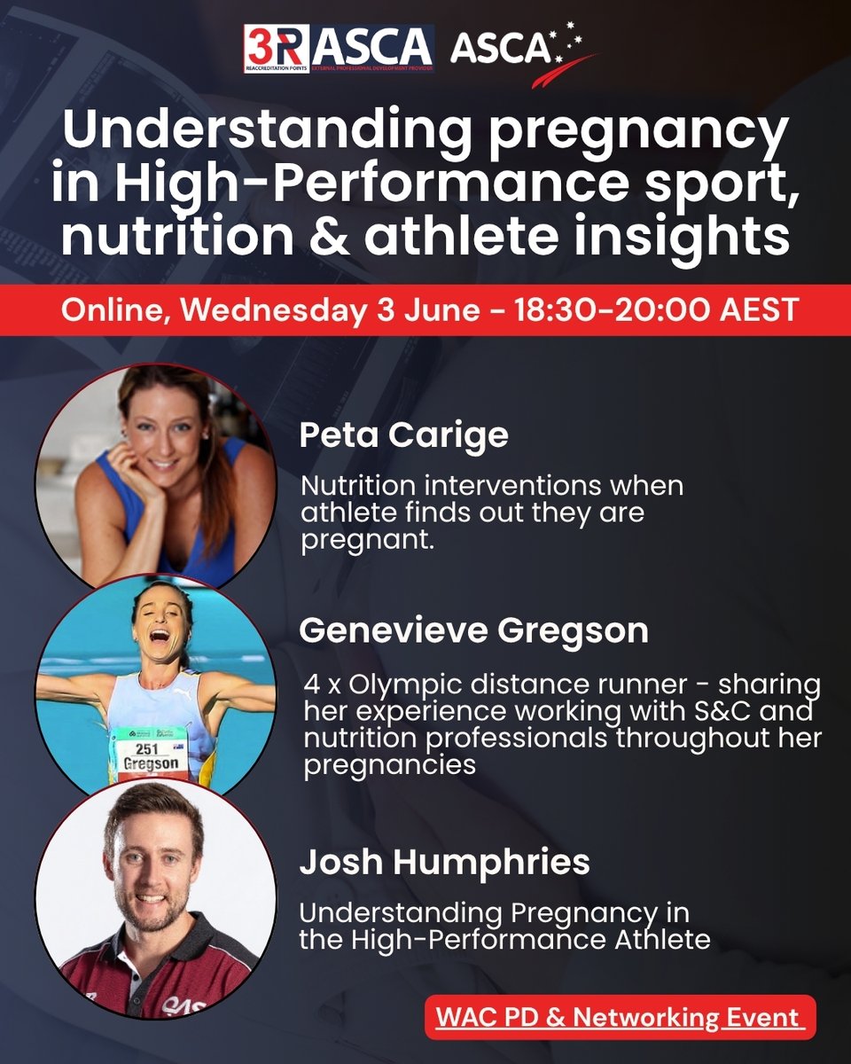 the_ASCA's tweet photo. See how a multidisciplinary team and the athlete collaborate to navigate the complexities of pregnancy and postpartum in high-performance sport.

Secure your ticket via the ASCA website at https://t.co/qNBAB1OyxX

📅Online, Wednesday 3 June 2026 
🕥18:30-20:00 AEST https://t.co/fVQKZeSR0Z
