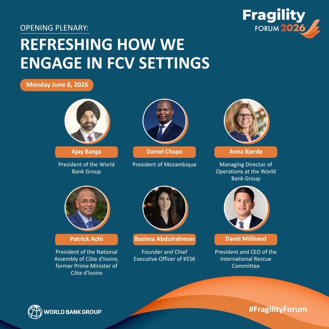 WorldBankGroup's tweet photo. Fragile contexts aren’t all the same, and development responses shouldn't be either. 

The #FragilityForum 2026 explores what tailored, context-specific development looks like in practice. 

📅June 8–10 | D.C. or online. https://t.co/Pl67D2ji3m https://t.co/A3J0d2hbUj